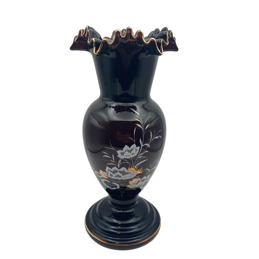 VTG Crystalex Vase Deep Amethyst Bohemian Czech Crystal Painted Flowers 8.5" T